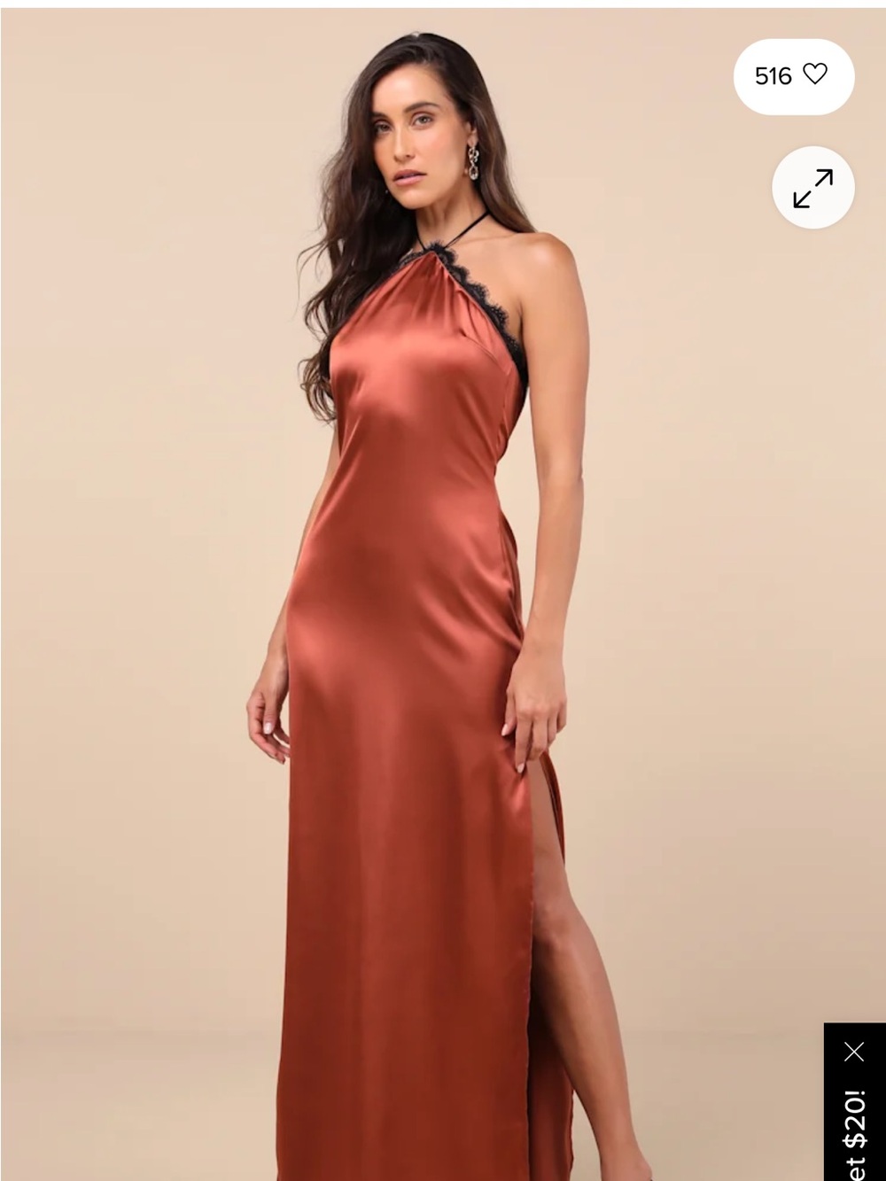 Satin Halter Slip Dress with Lace Trim - Rust